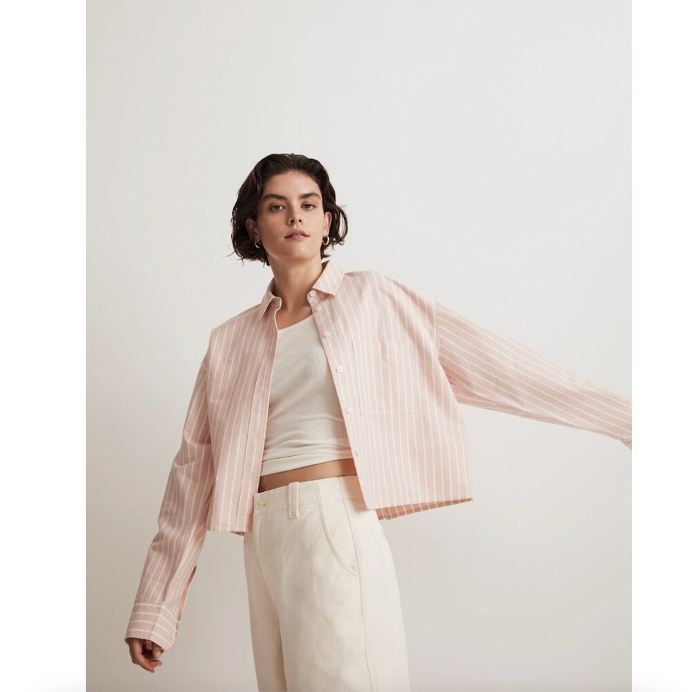 Madewell • Pink & White Striped The Signature Oxford Crop Shirt • Size XXS